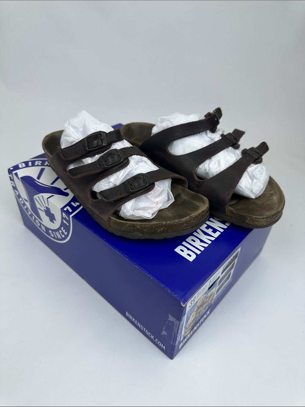 Birkenstock Dark Brown Triple Strap. Size 39.